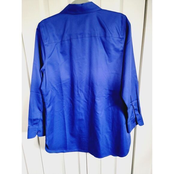 Chico's 1 No‎ Iron Top Blouse Button Front Royal Blue Long Sleeve Cotton Medium - Picture 2 of 7